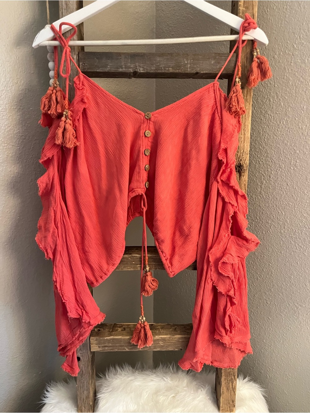 Free People Coral Tassel Ruffle Crop Camisole